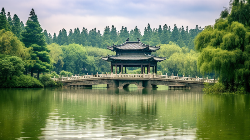 绿色湖水公园石桥凉亭风景,高清,摄影图,摄影图片,图片大全,摄影图免费下载